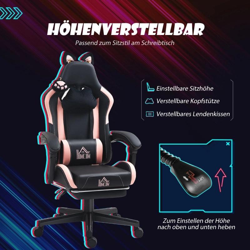 Sedia gaming con orecchie di gatto, schienale reclinabile, poggiapiedi estraibile e ruote in ecopelle nera