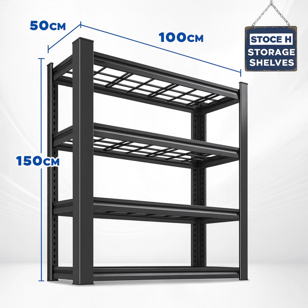 Mesh 150 - Scaffale in Metallo 150x100x50 cm con 4 Ripiani in Reticolato Portata 1365Kg Nero