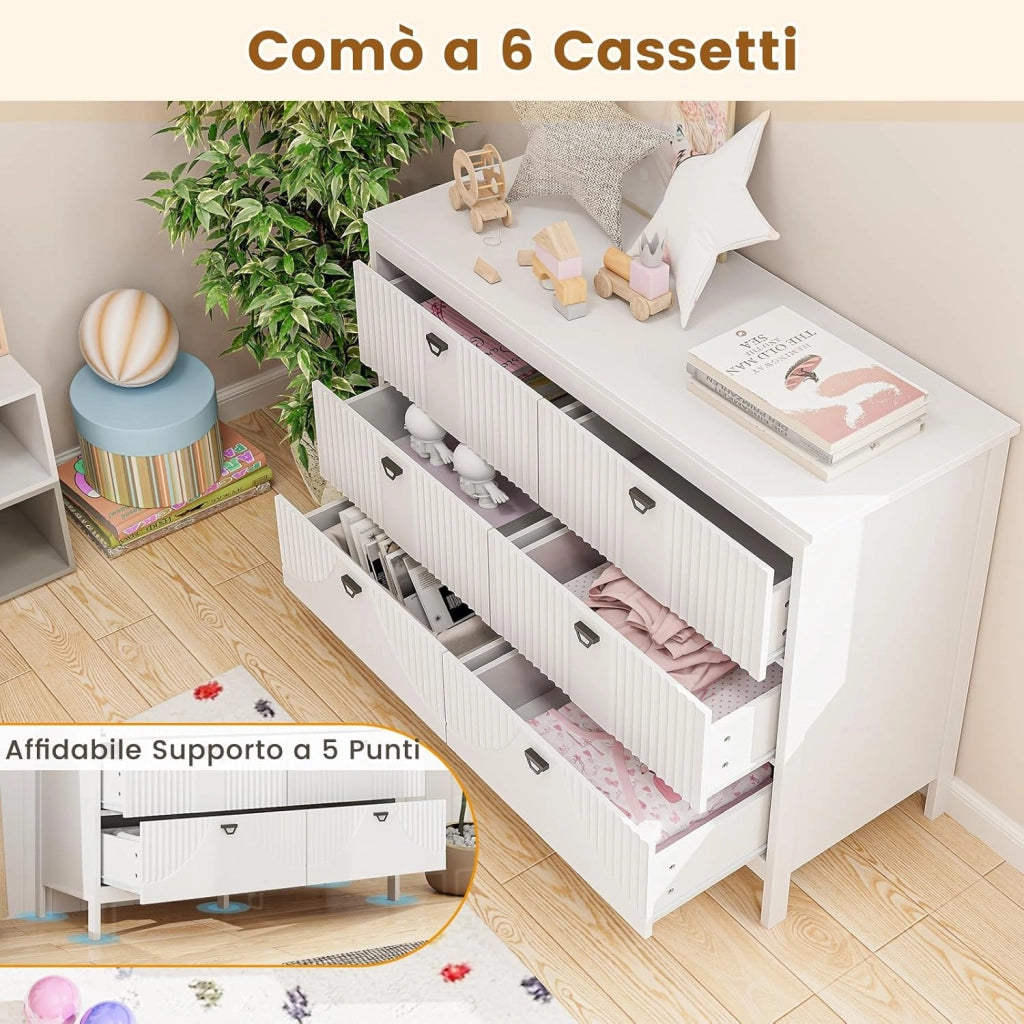 Comò a 6 Cassetti, Cassettiera Multifunzionale a 3 Ripiani, Armadio da Stoccaggio con Kit Anti-Ribaltamento, Ampio Spazio per Camera da Letto Soggiorno Ingresso, 106 x 40 x 79 cm