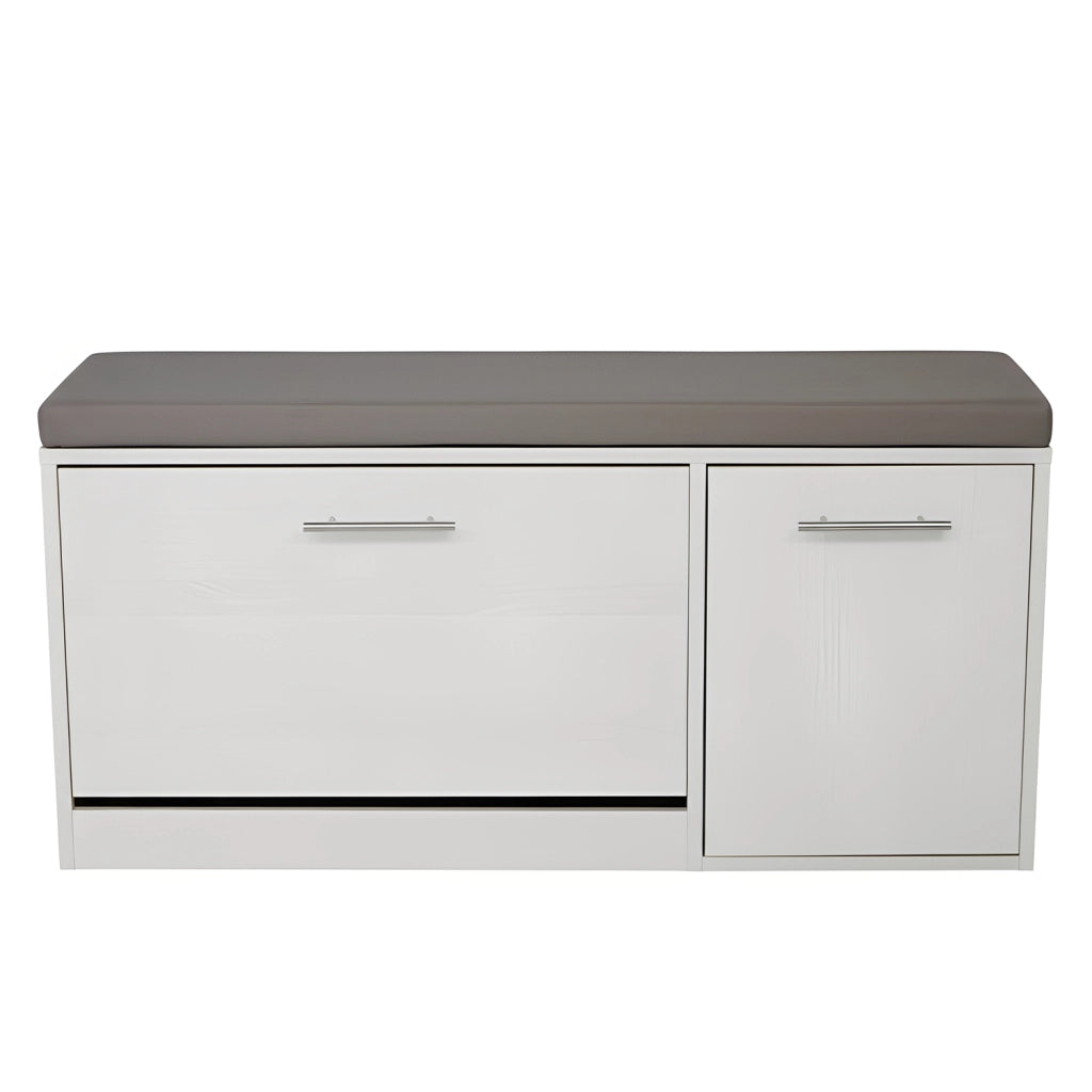 Marvin Scarpiera Panca da Ingresso con Anta Contenitore – Portascarpe Salvaspazio in Legno con Bianco / Cuscino Grigio