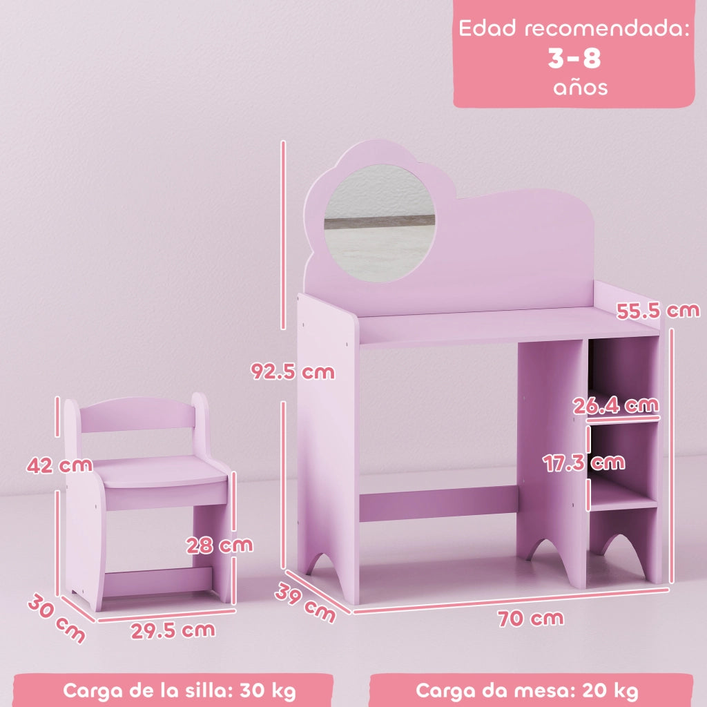 Tavolino da trucco con specchio a forma di fiore e sgabello ¨C Xylo ¨C Rosa con scaffale