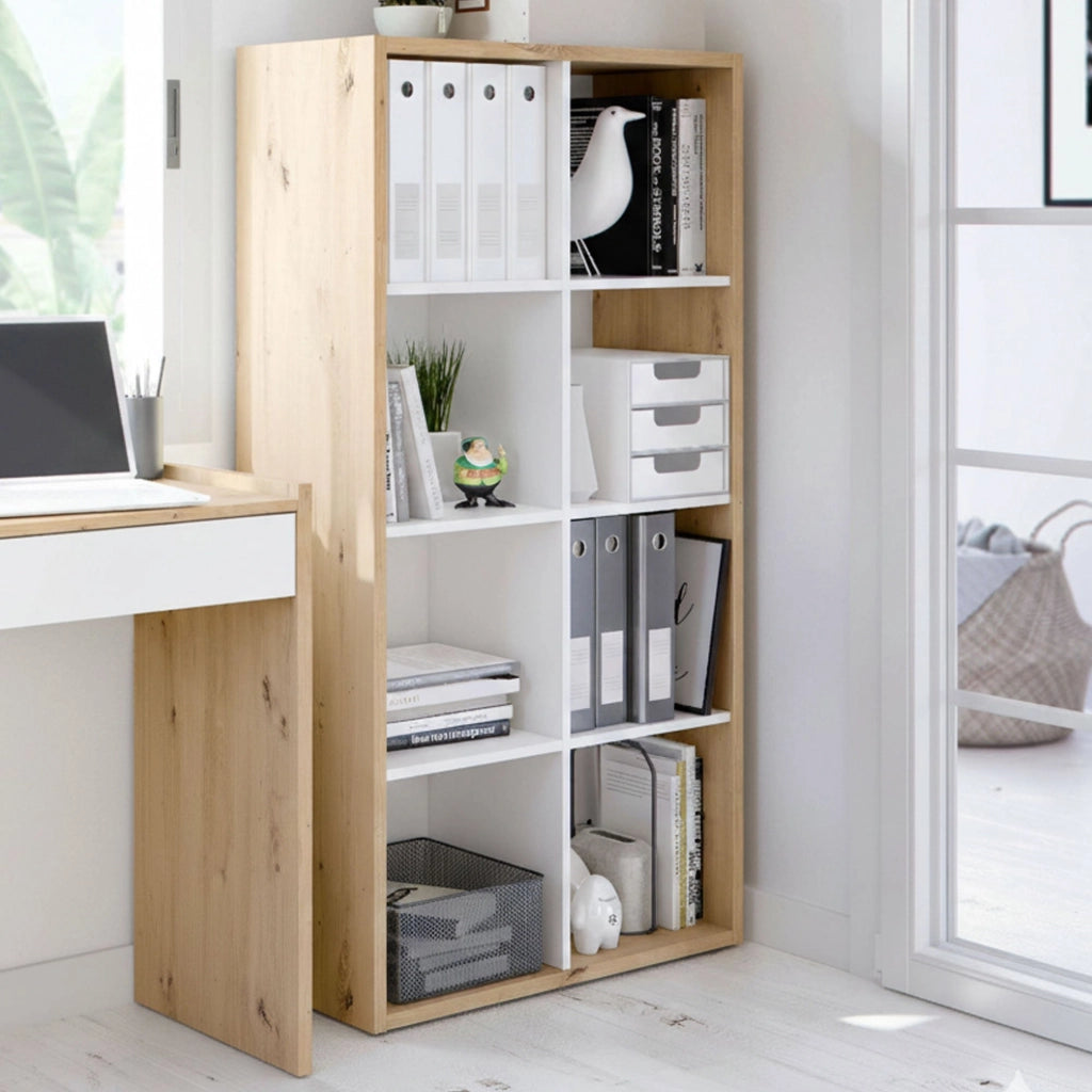 Libreria Alliers, Mobile portalibri reversibile con 8 scomparti, Mobile Porta tv multiposizione, cm 72x33h137, Rovere effetto nodi e Bianco