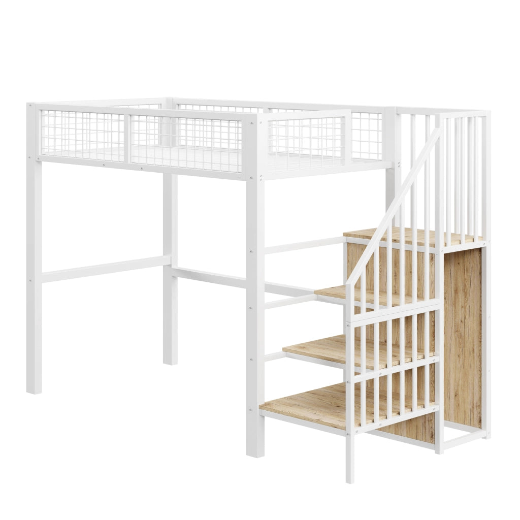 Letto a castello bianco con scala e armadio in metallo 90x200 cm