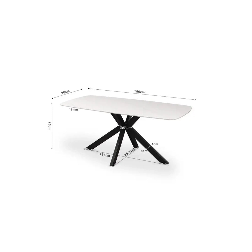Tavolo da pranzo VINCI lunghezza 180cm con piano di 10mm in pietra effetto marmo bianco.