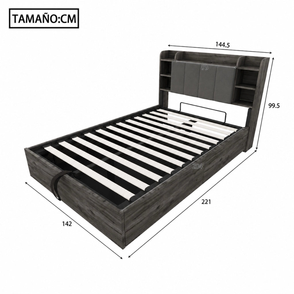 Letto singolo 140 ¡Á 200 cm con vano contenitore idraulico testiera con ripiani prese USB e Type C grigio in MDF