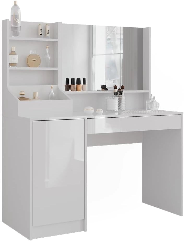 Tavolo da toeletta Sherry, Bianco/bianco lucido, 119.8 cm 3 parti, con specchio superiore per l'uso quotidiano e l'organizzazione