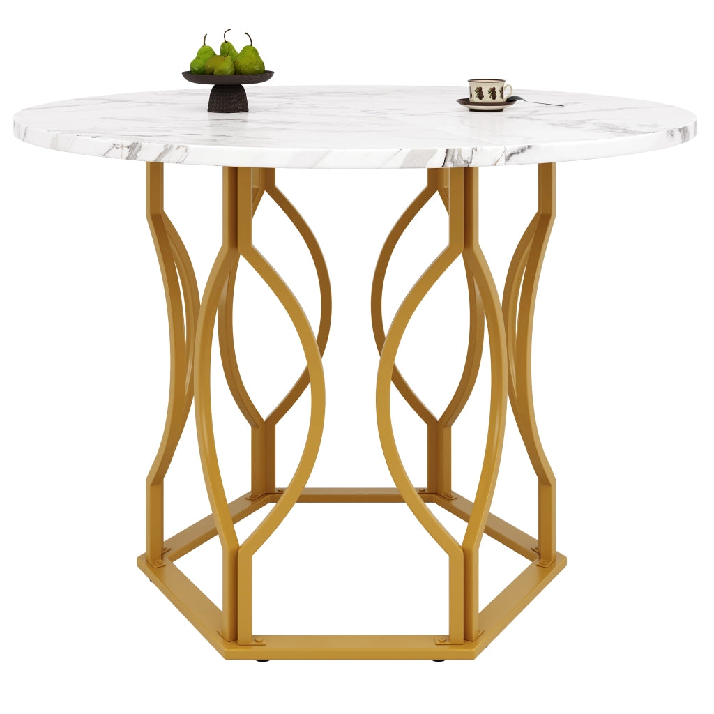 Tavolo da pranzo rotondo con piano in MDF e gambe in ferro, per cucina e soggiorno, bianco e oro, 100 × 100 × 76 cm