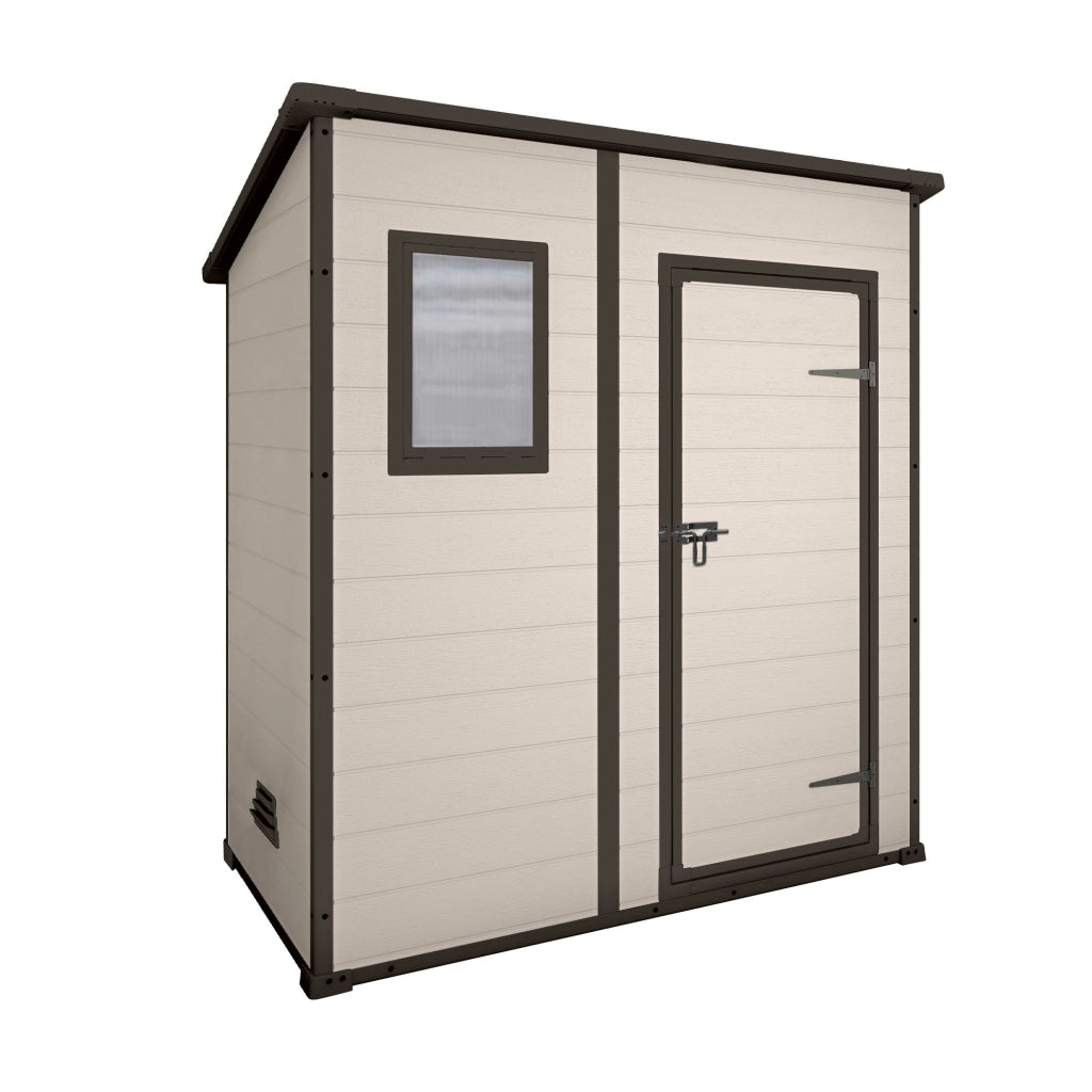 Manor Pent 6x4 - Casetta da Giardino 183,50x200,50x111 cm 1 Anta per deposito attrezzi finitura effetto legno graffiato in Resina Beige