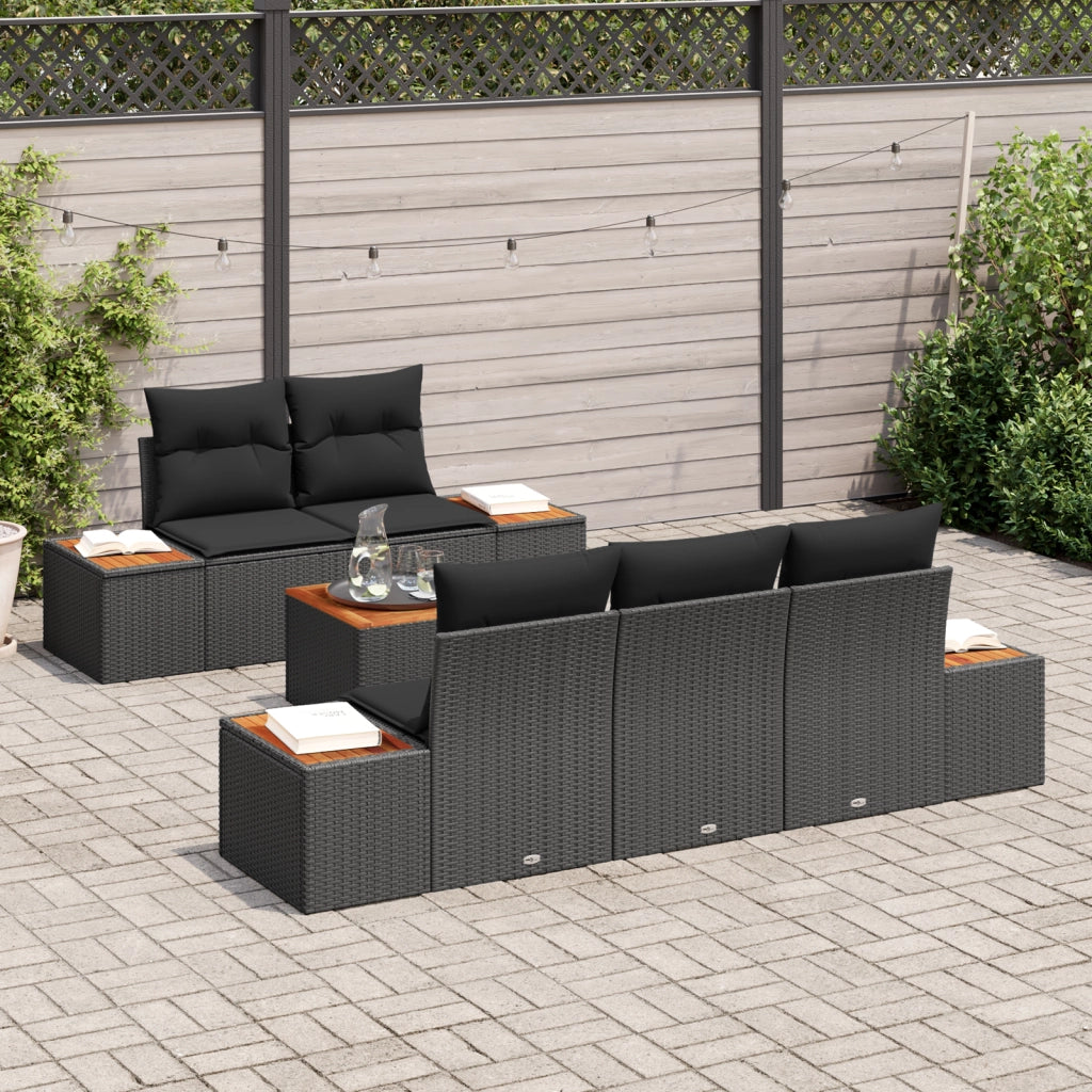 Set Divano da Giardino a 6 Pezzi con Cuscini Nero Polyrattan Acacia