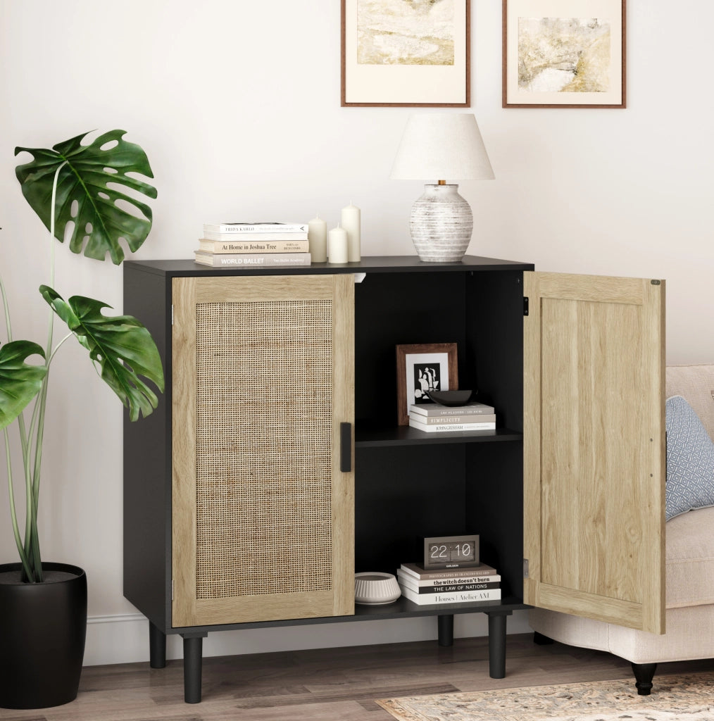 Credenza 80x40x88 cm in MDF nero con rattan， per salotto e ingresso
