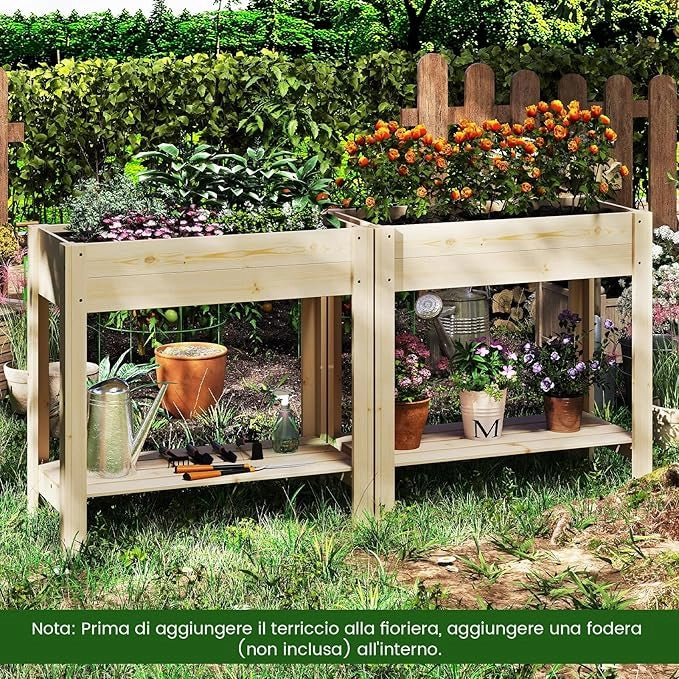 Letto da Giardino Rialzato in Legno, Fioriera Elevata con Ripiano, Drenaggio, Contenitore per Fiori, Erbe e Frutta, Scatola da Giardinaggio per Interno ed Esterno, 81x37x77CM