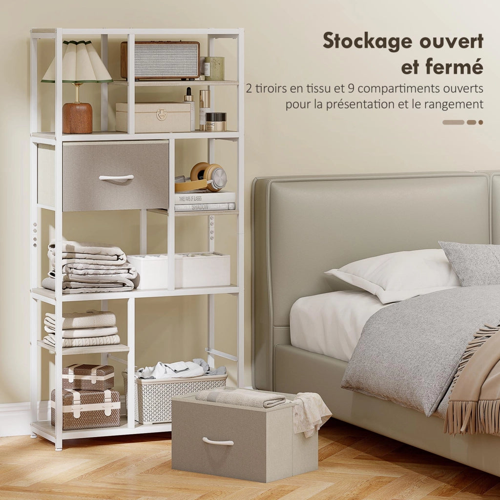Libreria con 2 cassetti in tessuto e 9 ripiani aperti ¨C Zephmum ¨C Bianco 72.5x30x150 cm