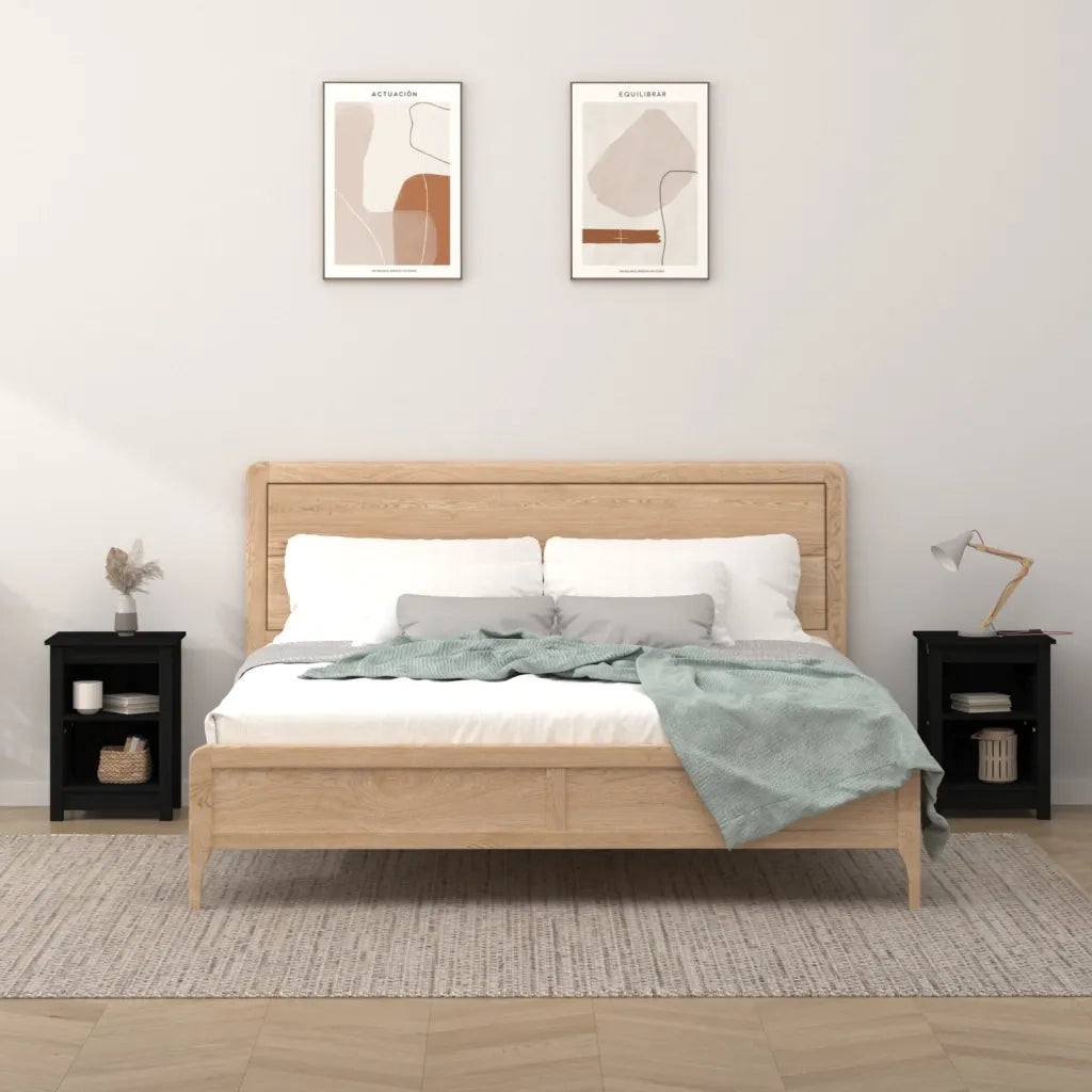 Set di 2 Comodini | Armadio da Notte | Mobiletto da notte Neri 40x35x55 cm in Legno Massello di Pino