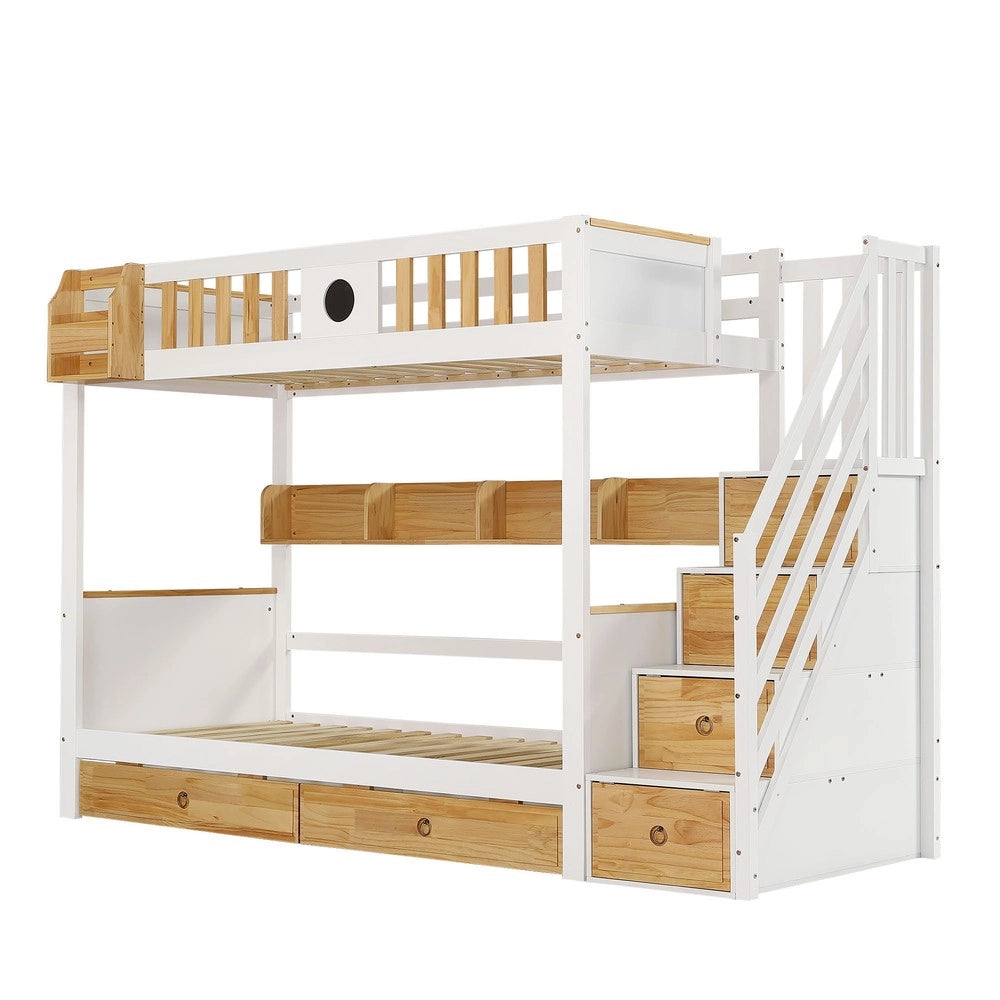 Letto a Castello con Cassetti e Ripiani ¨C MINIMAL ¨C Pino e MDF, Bianco/Naturale, 90x200
