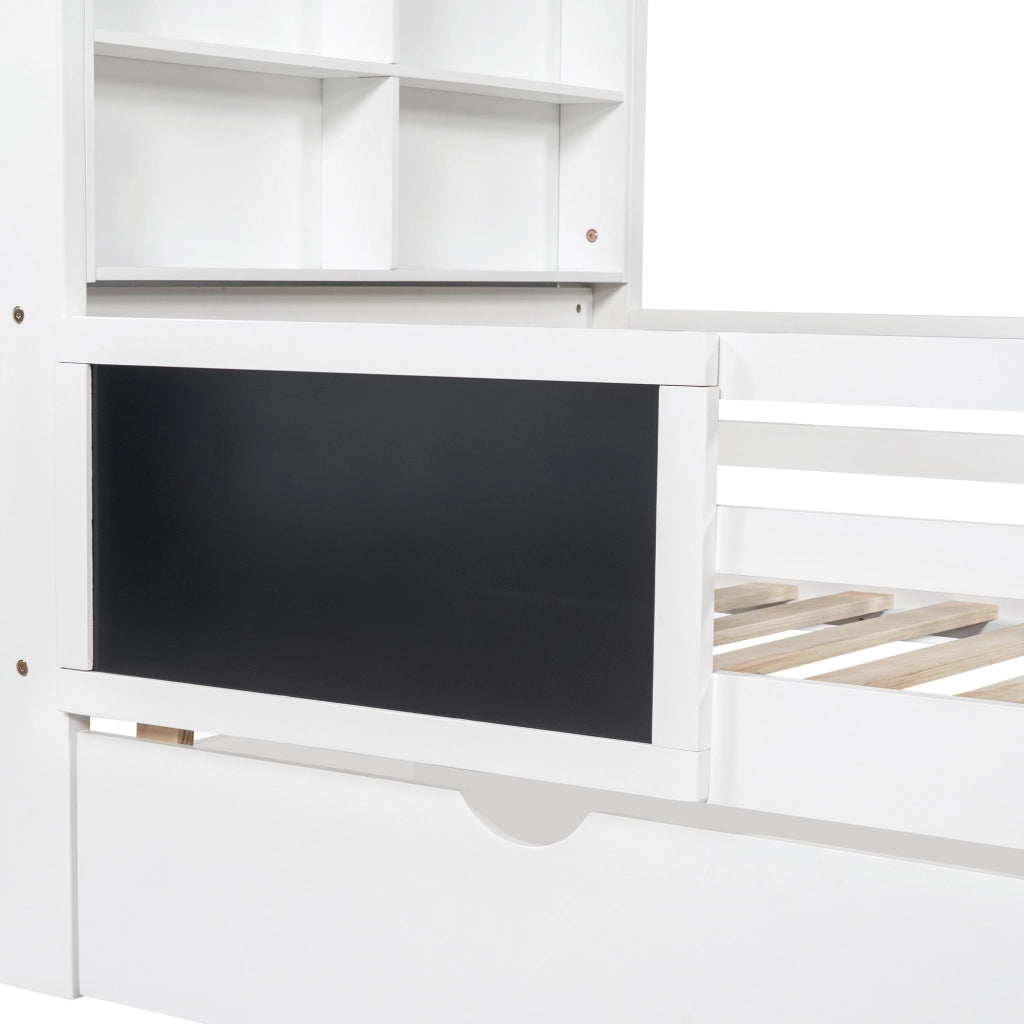 OKWISH Letto Bambino Singolo 90×200 cm con 2 Cassetti, Lavagna e Sponda di Sicurezza, senza Materasso, in Legno Massello e MDF, Bianco