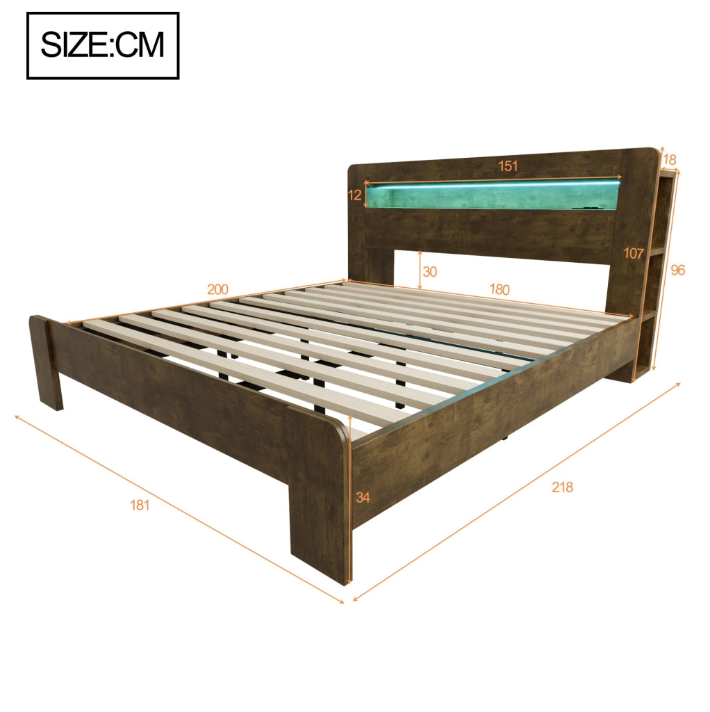 Letto matrimoniale in legno 180x200 con testiera contenitore, LED e prese integrate