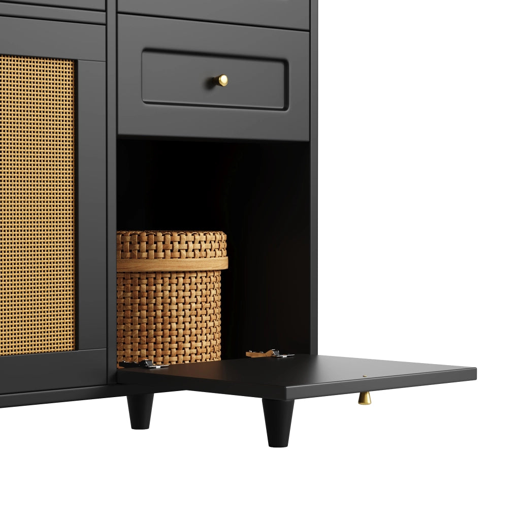 Credenza alta con 3 cassetti, ripiani regolabili, LED e porta scorrevole in PE rattan, nero 120 × 45 × 195.5 cm