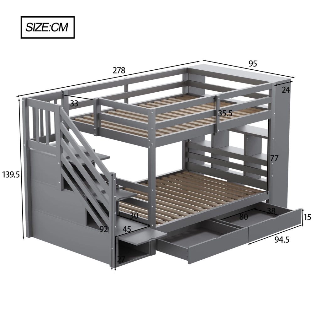 Letto a castello per bambini 90x200 cm con scala contenitore e cassetti; grigio