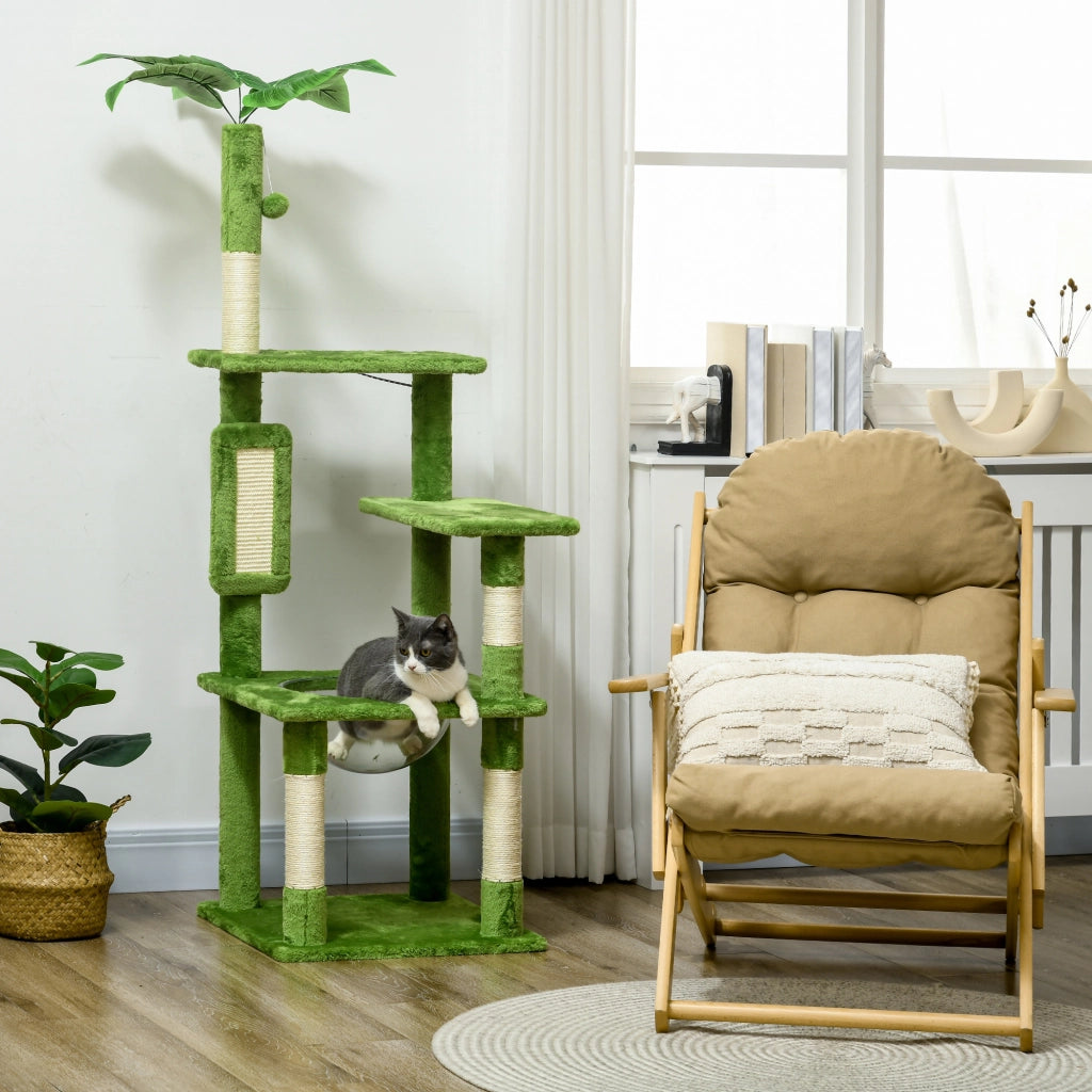 Albero per Gatti Multilivello con Amaca, Tiragraffi, Pallina e Foglie Decorative, 49x49x142 cm, Verde