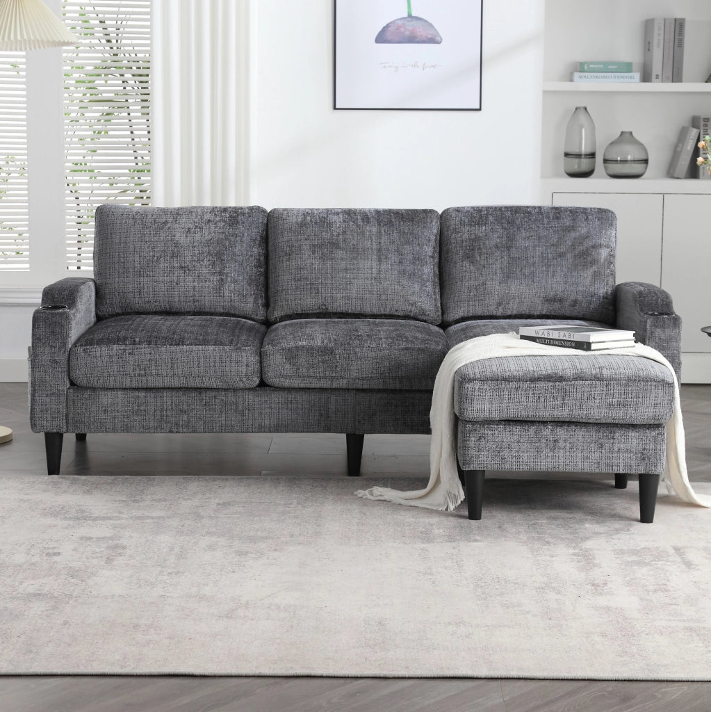 Divano 4 posti 196.5x75x77 cm con pouf contenitore; braccioli con porta bicchieri; chenille grigio