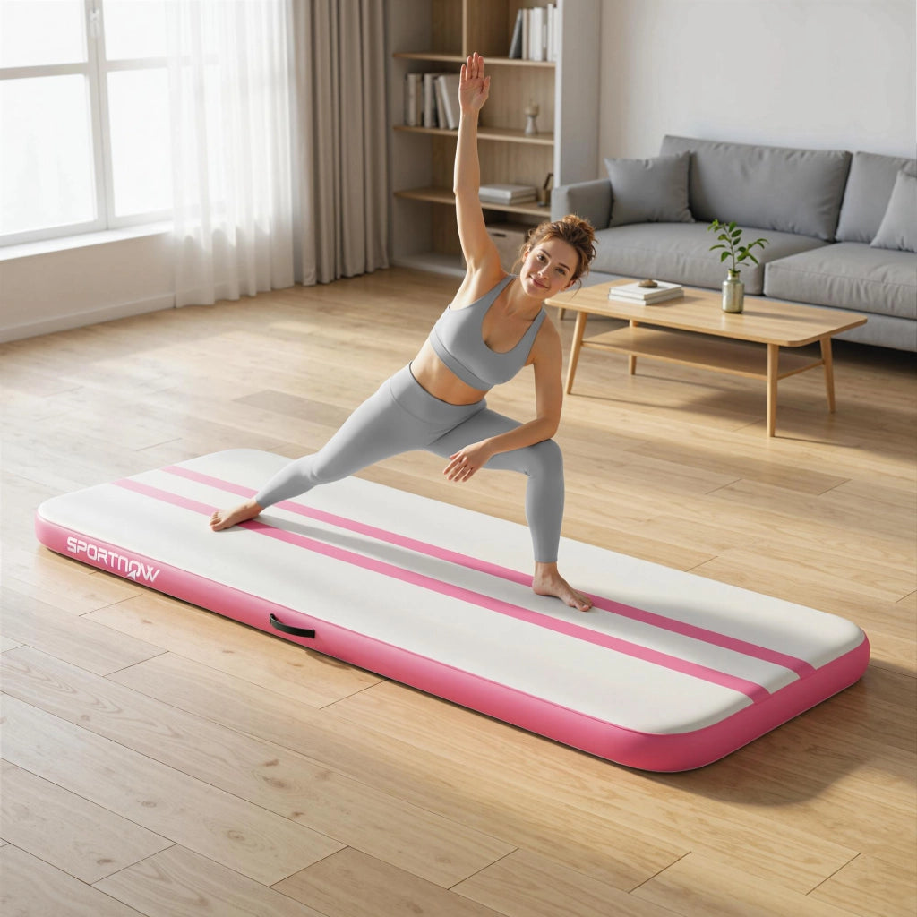 Tappetino Gonfiabile Ginnastica 305x102x10 cm con Pompa Elettrica e Borsa Trasporto in PVC Rosa
