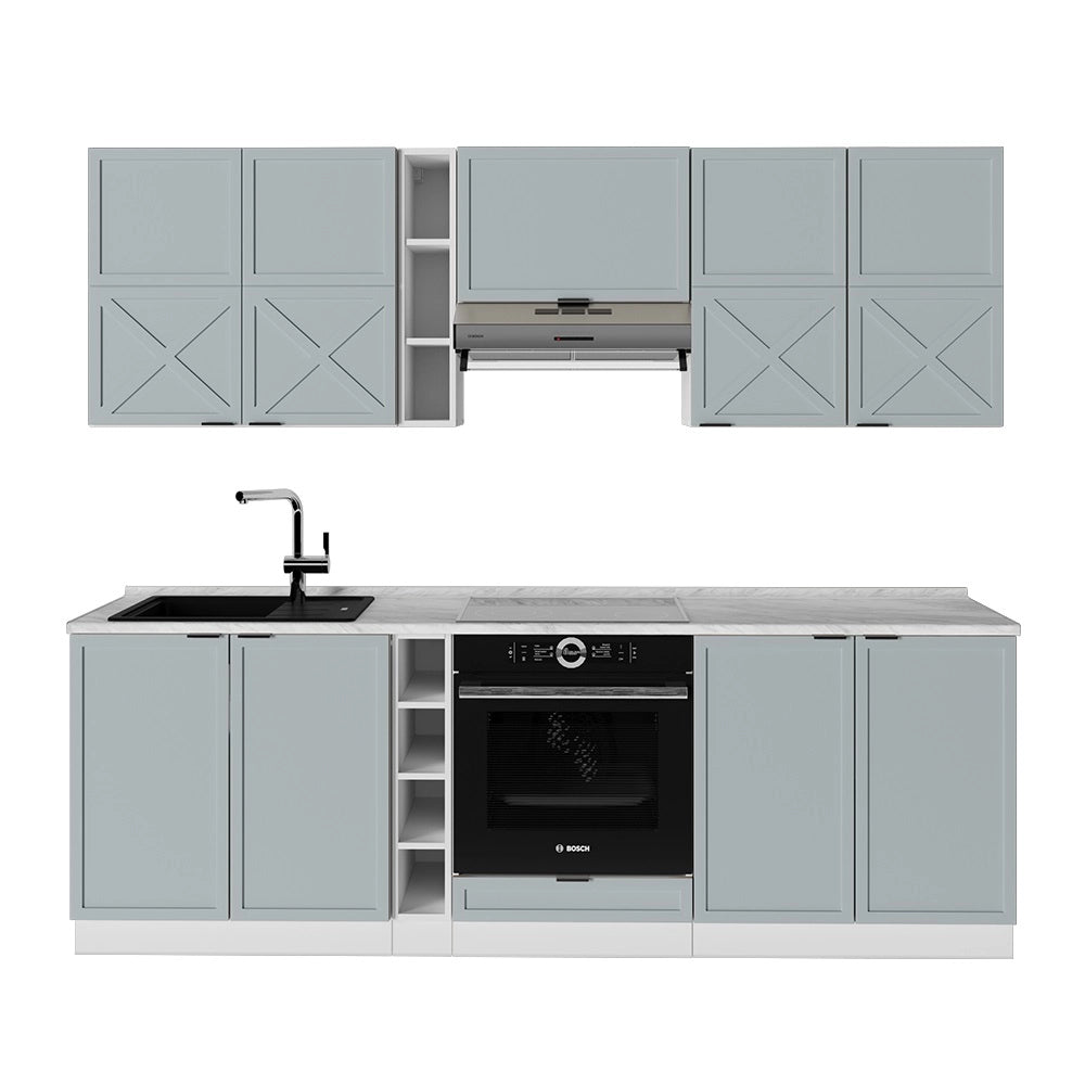 Cucina componibile Fame-Line Blu-grigio chiaro/Bianco 235 cm senza piano di lavoro Vicco