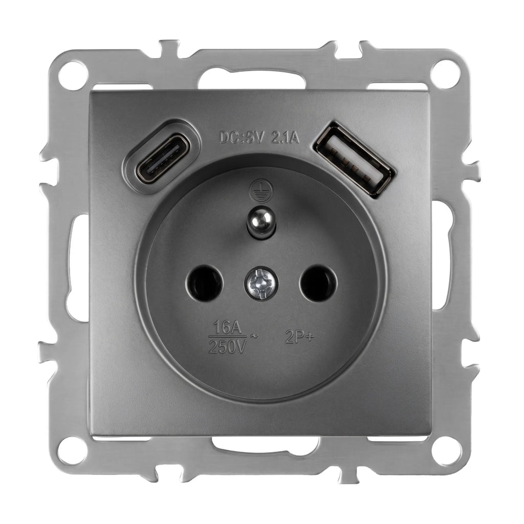 Presa Singola Con Messa A Terra + Usb-a Usb-c Oste Jnh004-g Grey