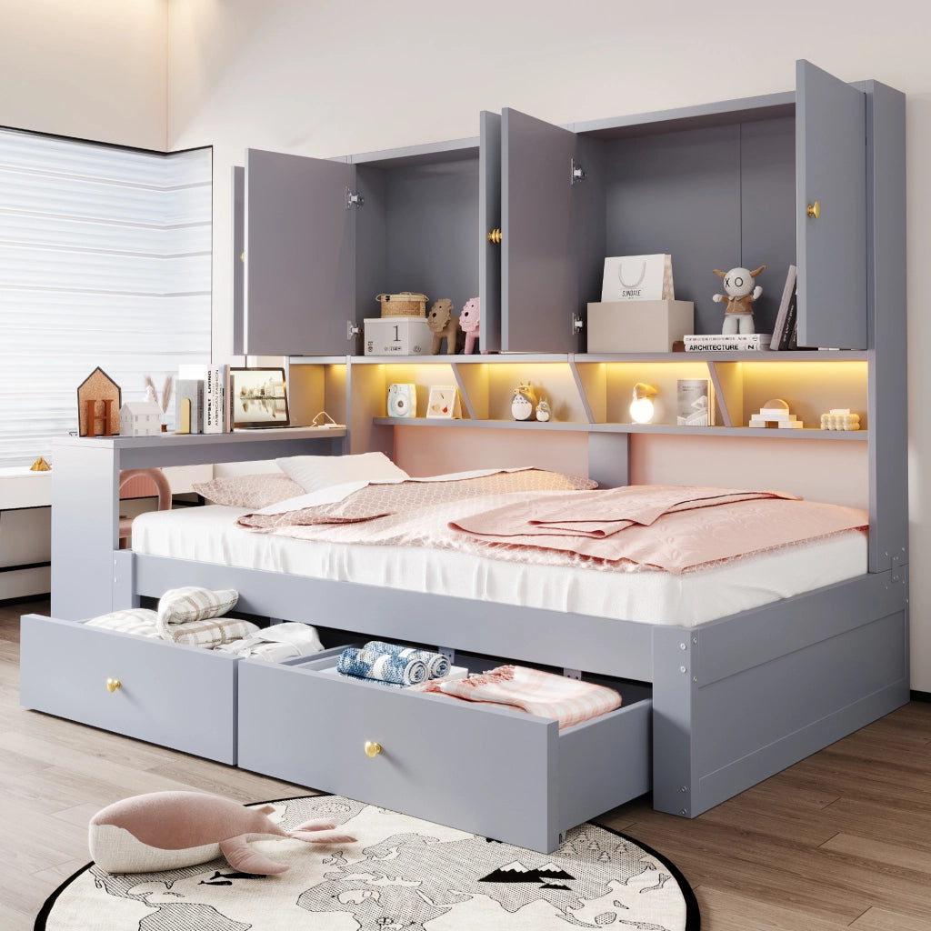 Letto per bambini 90x200 cm con scrivania; LED e prese; 2 cassetti e vani contenitore; MDF grigio