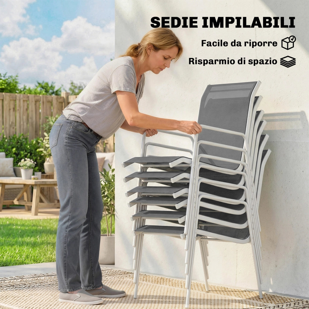 Set da Giardino 7 Pezzi: Tavolo Rettangolare e 6 Sedie Impilabili
