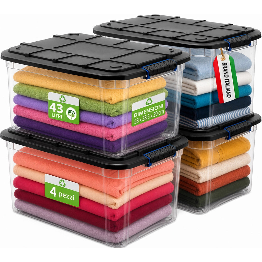 Set 4 Pezzi Contenitori con Coperchio 58x38,5x29 cm Storage Box Solid Cargo Capienza 43L in Plastica