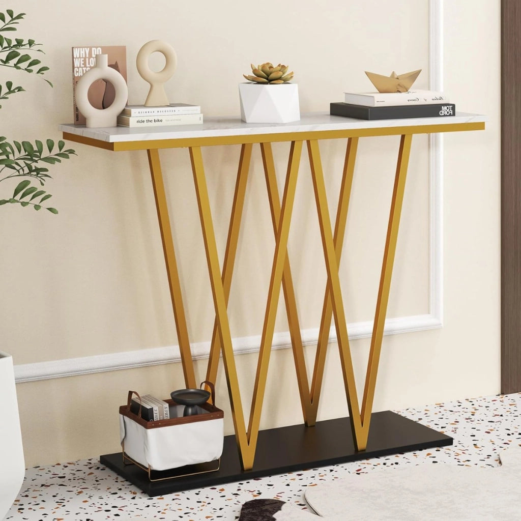 Tavolo console moderno da 100 cm con piano in marmo finto e struttura in metallo, Tavolo da ingresso Bianco + Oro-Consolle