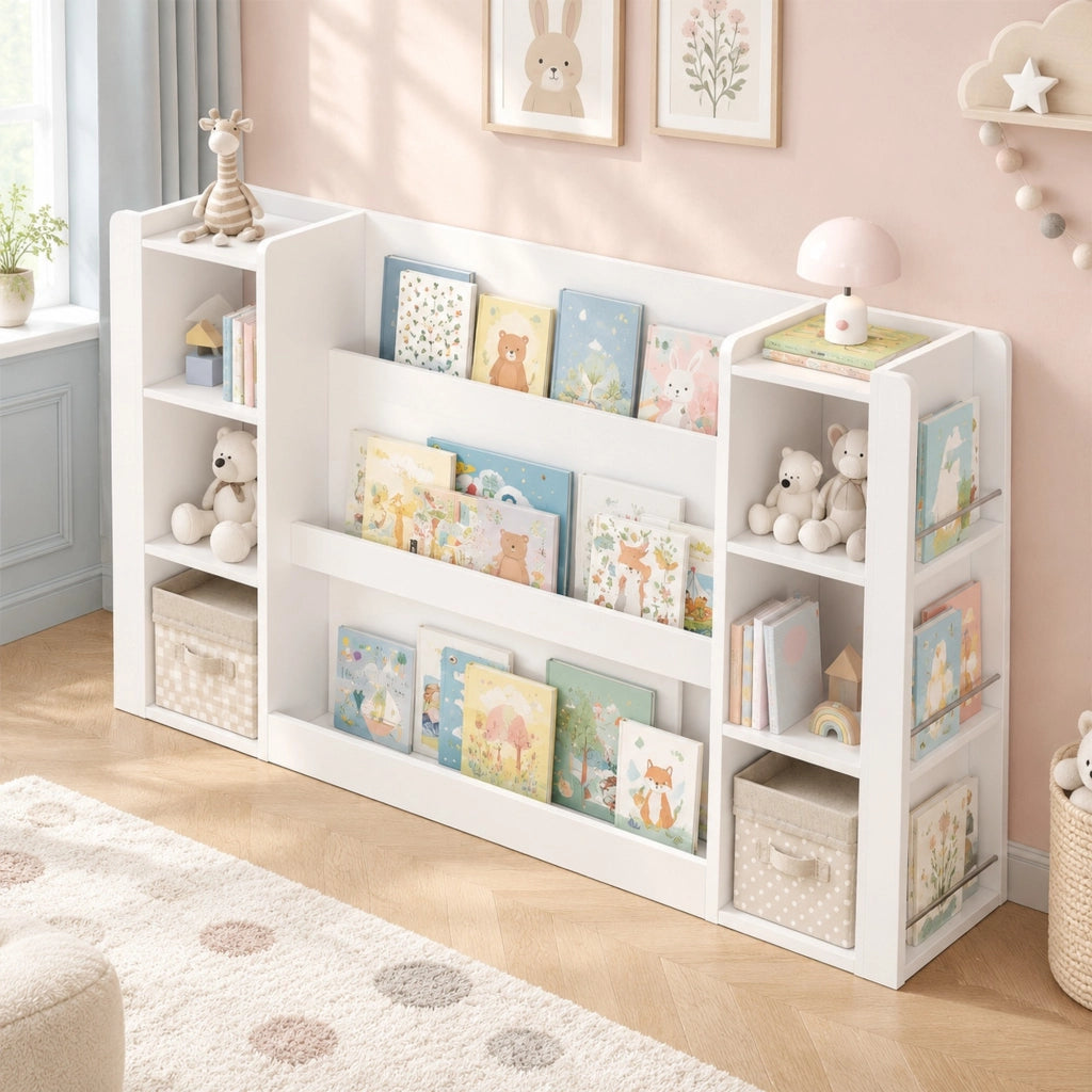 Libreria per bambini con ripiani aperti e angoli arrotondati in MDF bianco