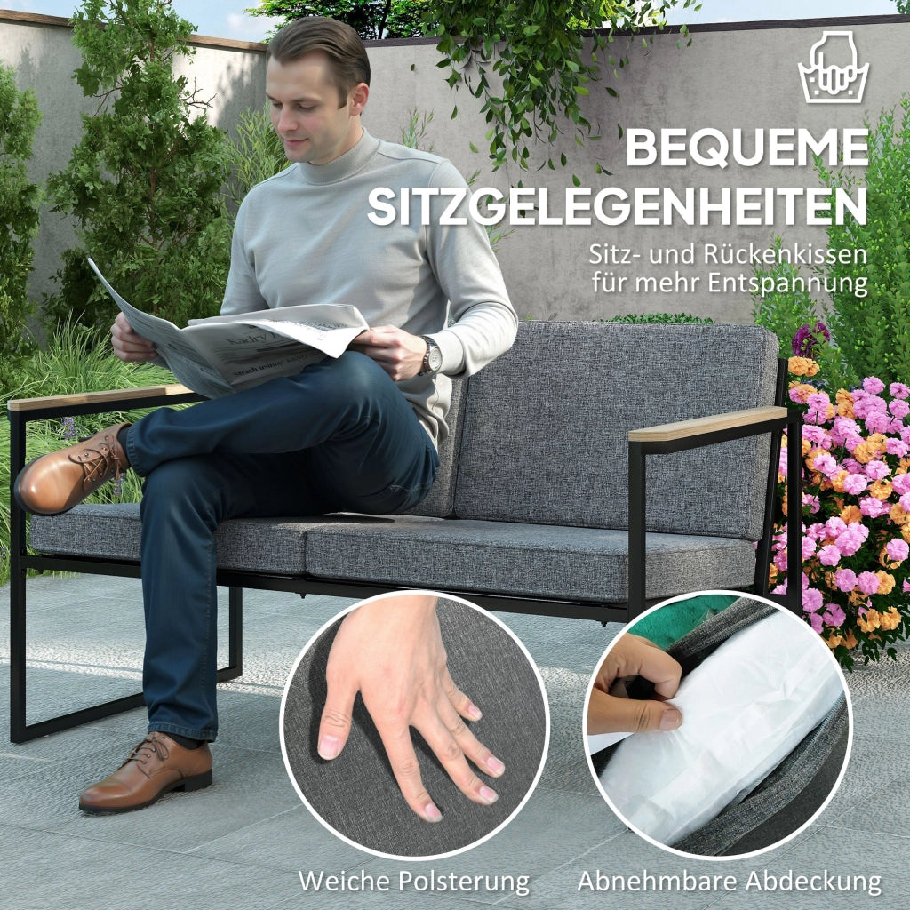 Arredamento da giardino a 4 posti: Divanooo a 2 posti + 2 poltrone + cuscini + tavolino laterale; grigio