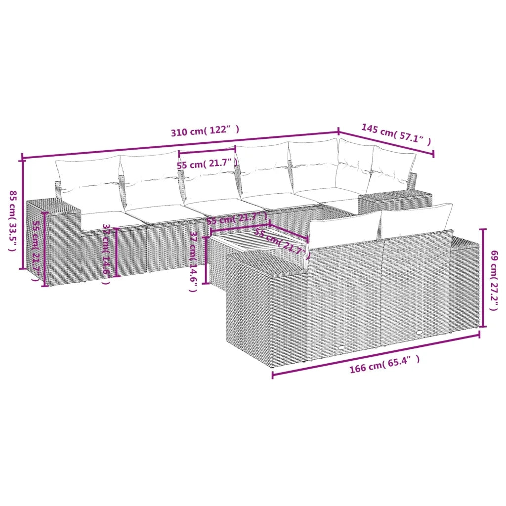 Set Divano da Giardino 9 pz con Cuscini Grigio in Polyrattan 3257866