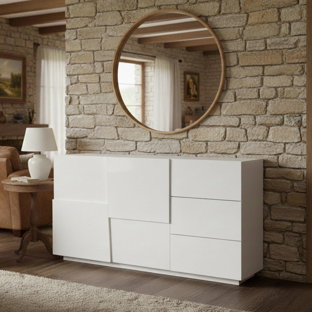 Credenza Avelignese, Buffet da soggiorno, Madia da salotto con 2 ante e 3 cassetti, 180x44h86 cm, Bianco lucido