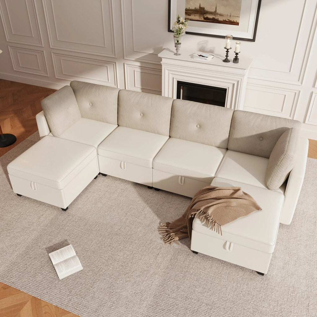 Divano modulare a U 6 posti con contenitore trasformabile in chaise longue o poltrona in velluto beige 261 × 132,5 × 85 cm