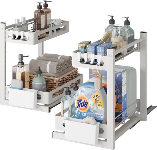 Organizzatore per l'area intorno al lavandino a 2 livelli, 2 cassetti, sotto il lavandino, con sostegno retrattile per cucina/bagno (bianco)