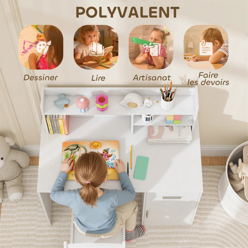Scrivania bambini con sedia, cassetto, scaffale e lavagna in sughero ¨C zephmum ¨C bianco