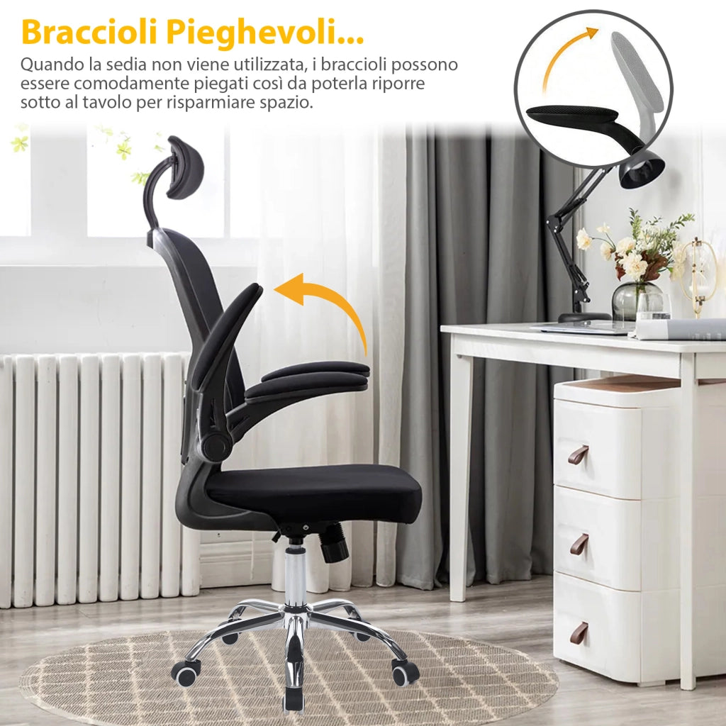 Sedia Da Ufficio Con Supporto Lombare, Poltrona Scrivania Ergonomica Braccioli Regolabili Altezza Regolabile Schienale in Rete Traspirante,Oscillante con Ruote Girevoli Con Poggiatesta