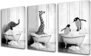 Decorazione moderna per parete in bianco e nero - 3 pezzi di foto di animali pinguini giraffe elefante - opera d'arte su tela per la decorazione della camera da letto - 106 x 50 cm.