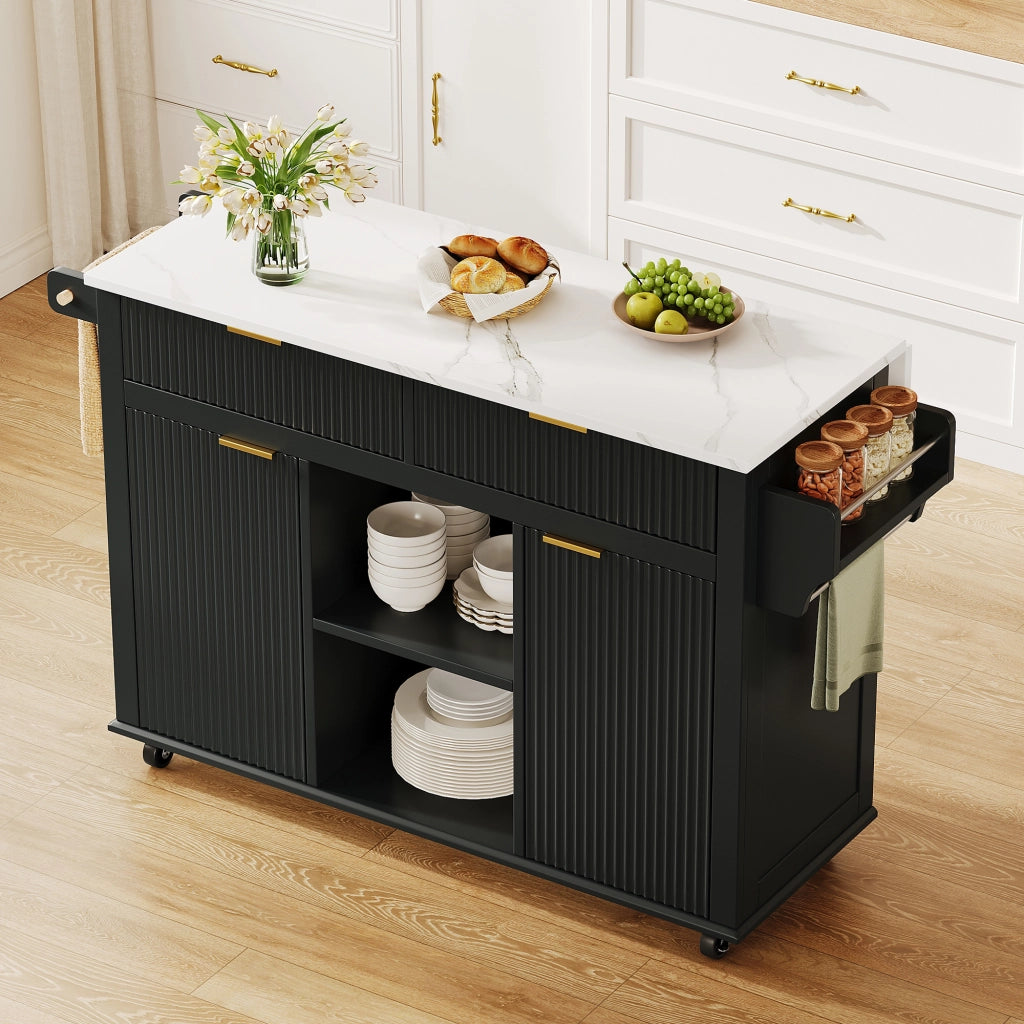 Isola da cucina su ruote 143 x 45/69 cm con piano ribaltabile, 2 cassetti, 2 ante e porta-spezie, finitura Nero/Naturale