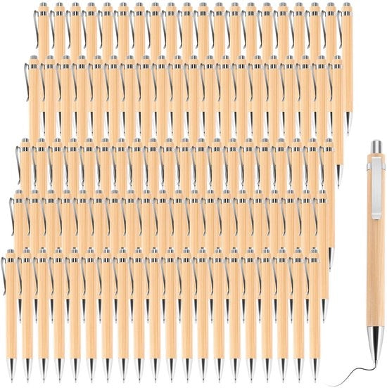 Pacchetto di 100 balpenni in legno, stili con incisione, inchiostro nero, stilo fortunato, regalo