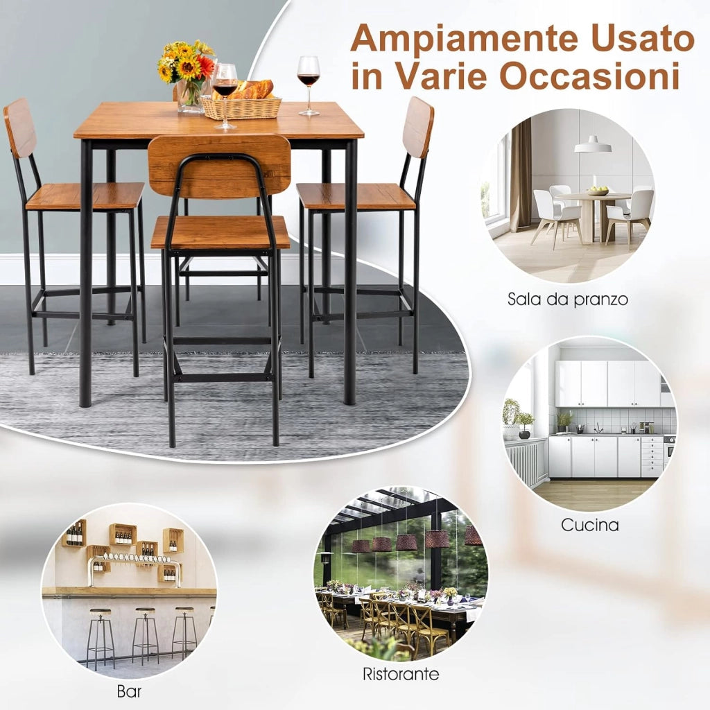Set 5 Pezzi Tavolo da Pranzo, 1 Tavolo Rettangolare e 4 Sedie con Poggiapiedi, Set di Tavolo da Pranzo Salvaspazio per Casa Ristorante Bar (Marrone Scuro)