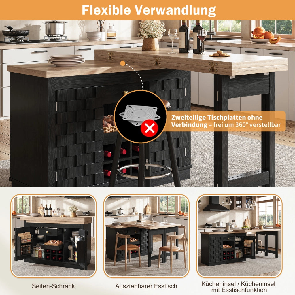 Mobile contenitore girevole 360° con tavolo estensibile, porta vini e cassetti in MDF nero 120 × 197 × 40 × 74,2 cm