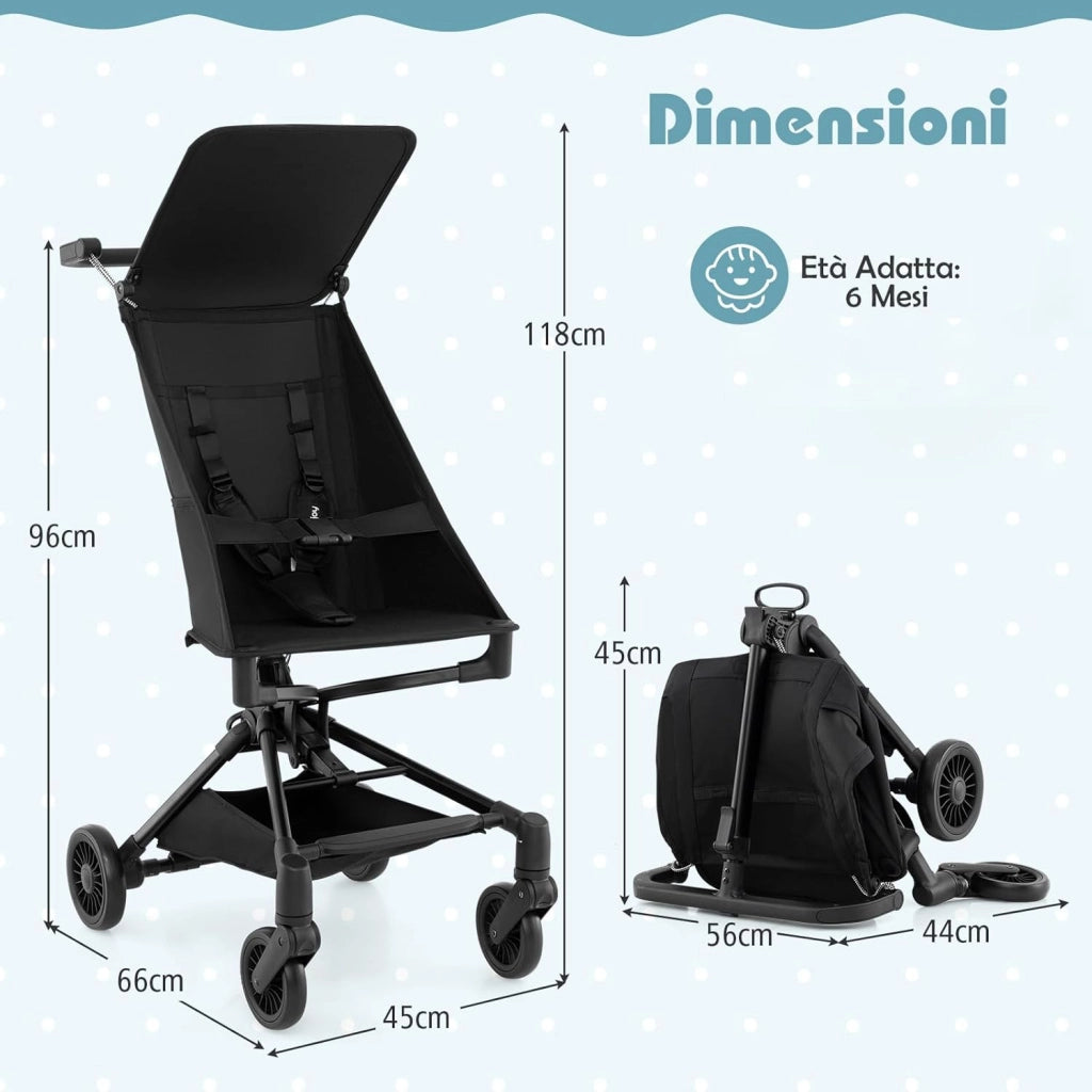 Passeggino Leggero per Bambini, Passeggino Compatto con Tettuccio Regolabile, Cestino di Stoccaggio e Ruote, Passeggino Pieghevole per Bambini 6+ Mesi