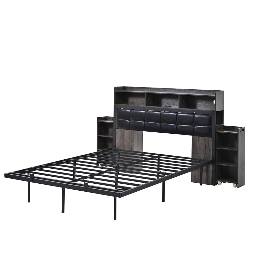 Letto matrimoniale - Xylo - 140x190 cm - Grigio - Testiera, comodini scorrevoli, ricarica USB/LED