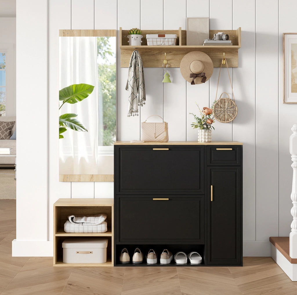 Set ingresso 4 pezzi nero e naturale con scarpiera e specchio