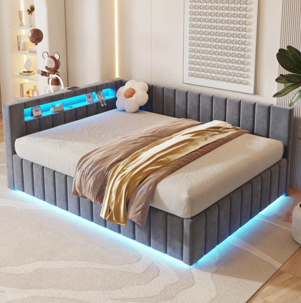 Letto imbottito 140x200 cm; contenitore idraulico con LED e USB; velluto grigio (Senza materasso)