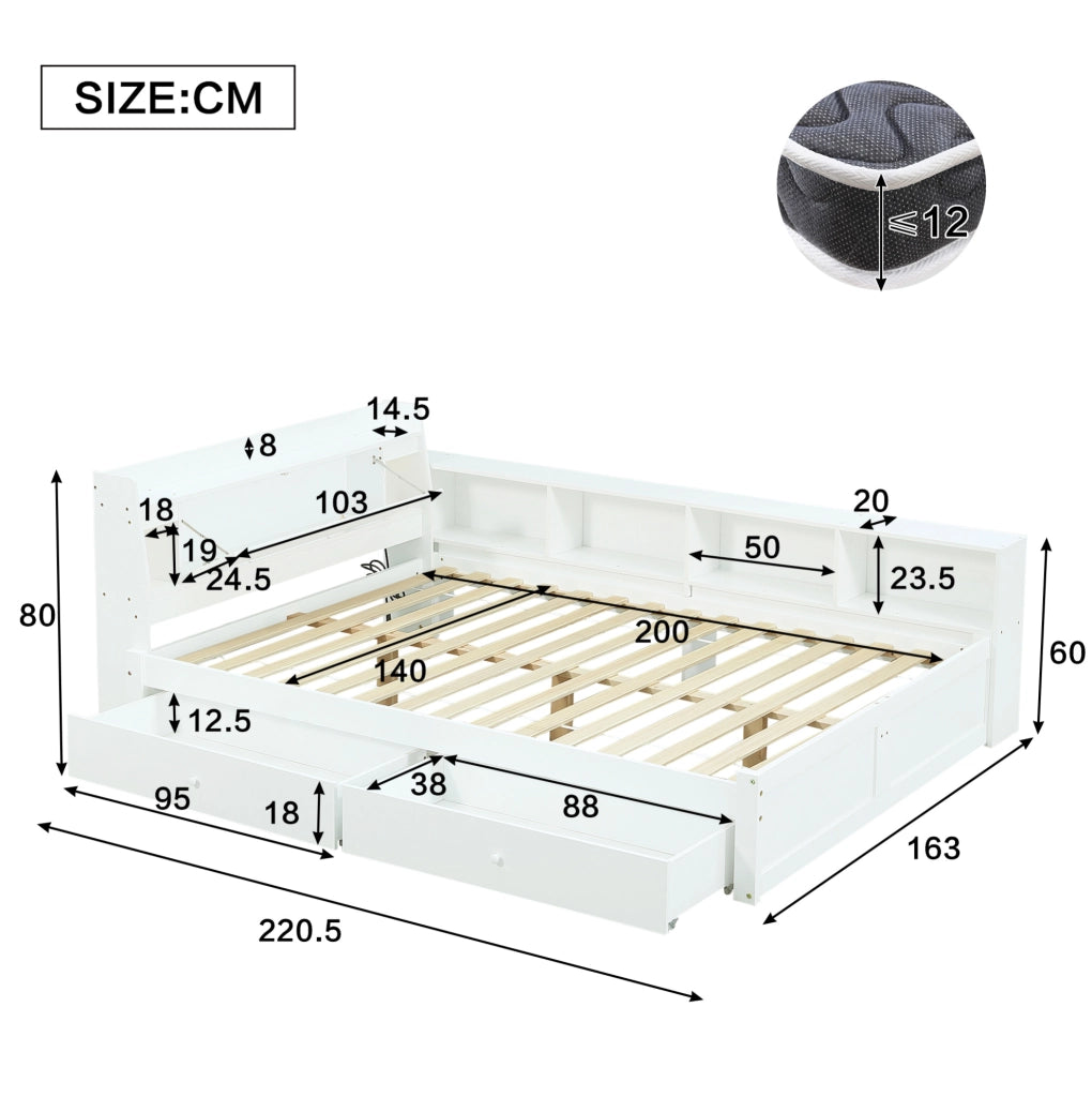 Letto matrimoniale 140x200 cm con contenitore; 2 luci e presa di ricarica bianco