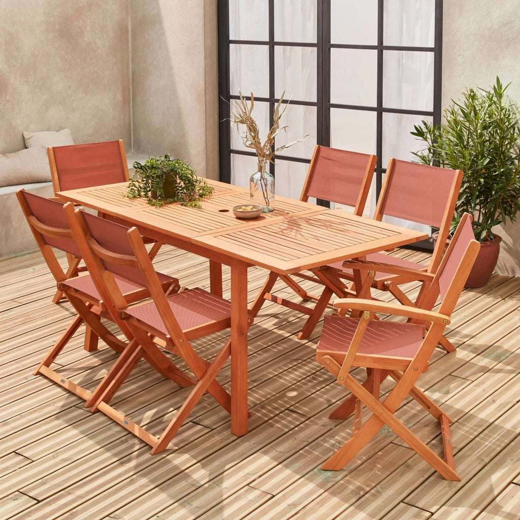 Set tavolo da giardino rettangolare allungabile in legno con 6 sedie,